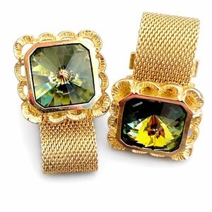 Vintage DANTE Gold Tone Mesh Cufflinks Faceted Topaz Glass Mid Century